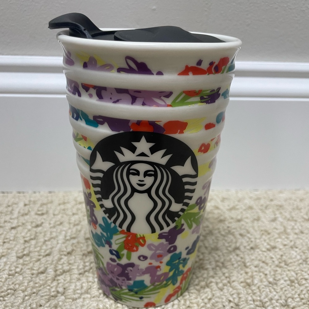 Starbucks Floral Tumbler with Lid. Ceramic 10 oz